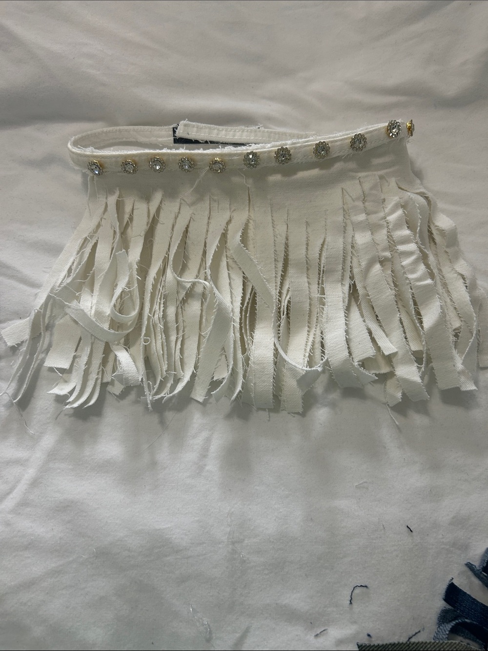 White Fringe Waist Belt with Rhinestone Accents